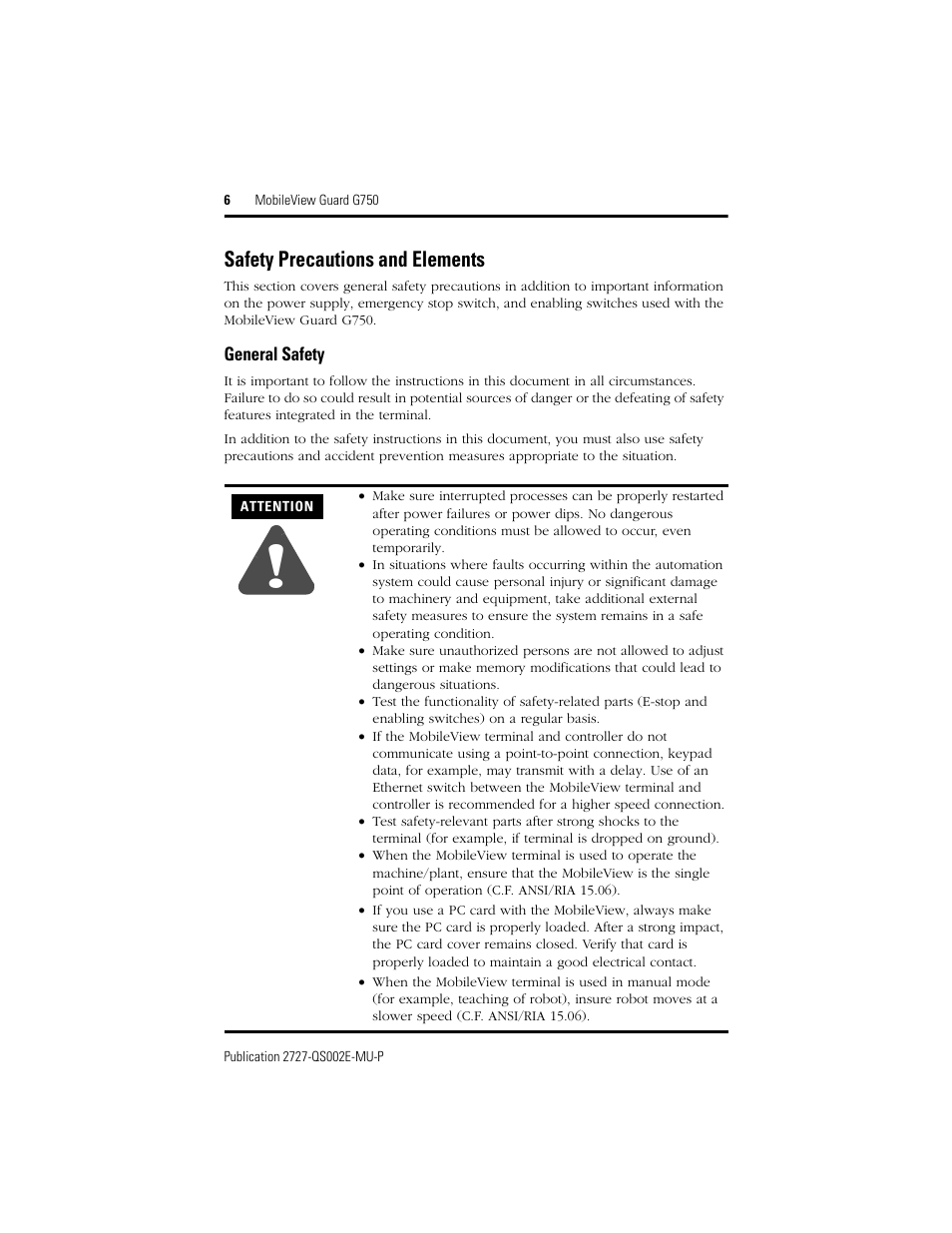 Safety precautions and elements, General safety | Rockwell Automation 2727-G7P20D1Q7 MobileView Guard G750 Quick Start User Manual | Page 6 / 204