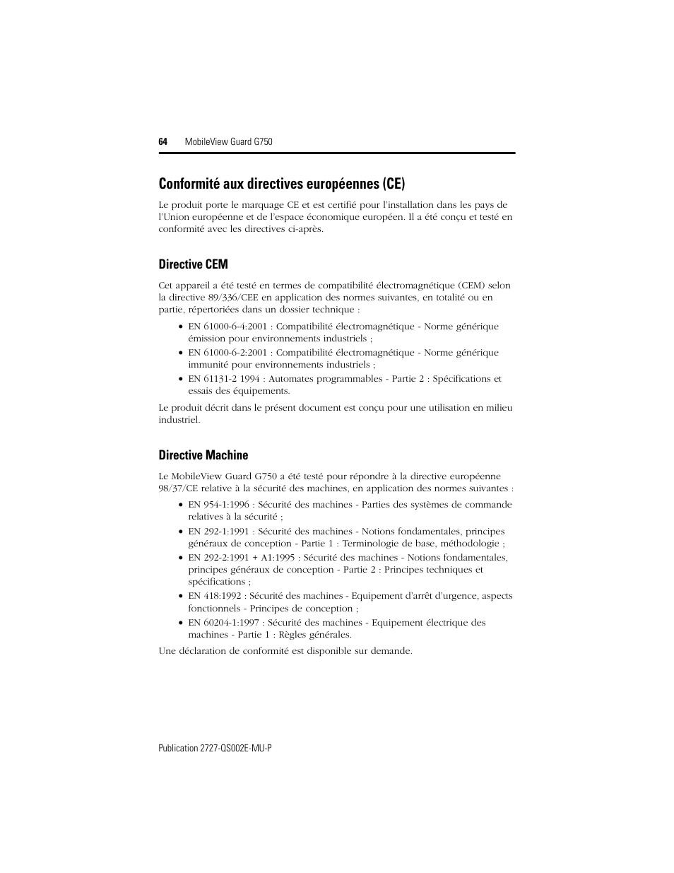 Conformité aux directives européennes (ce), Directive cem, Directive machine | Rockwell Automation 2727-G7P20D1Q7 MobileView Guard G750 Quick Start User Manual | Page 64 / 204