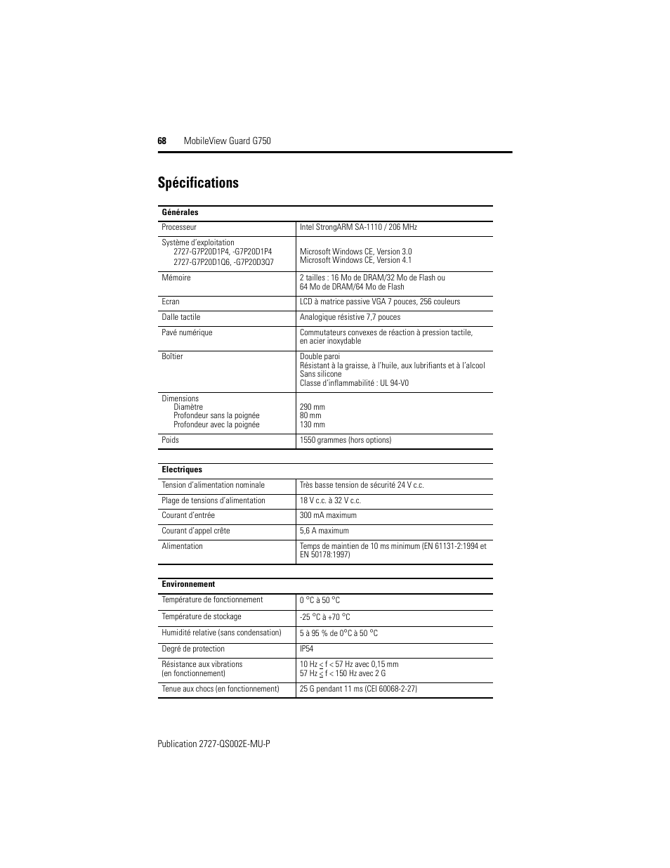 Spécifications | Rockwell Automation 2727-G7P20D1Q7 MobileView Guard G750 Quick Start User Manual | Page 68 / 204