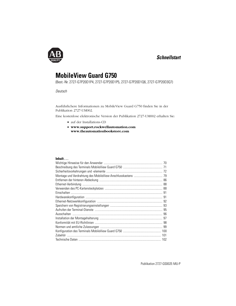 Deutsch, Mobileview guard g750, Schnellstart | Rockwell Automation 2727-G7P20D1Q7 MobileView Guard G750 Quick Start User Manual | Page 69 / 204