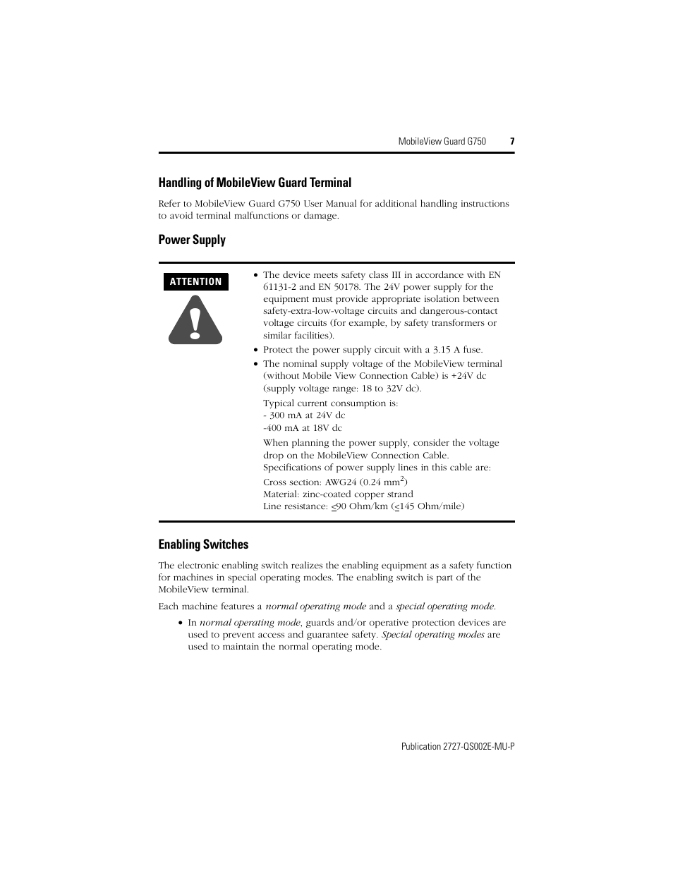 Handling of mobileview guard terminal, Power supply, Enabling switches | Rockwell Automation 2727-G7P20D1Q7 MobileView Guard G750 Quick Start User Manual | Page 7 / 204