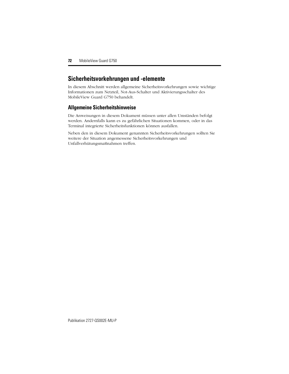 Sicherheitsvorkehrungen und -elemente, Allgemeine sicherheitshinweise | Rockwell Automation 2727-G7P20D1Q7 MobileView Guard G750 Quick Start User Manual | Page 72 / 204