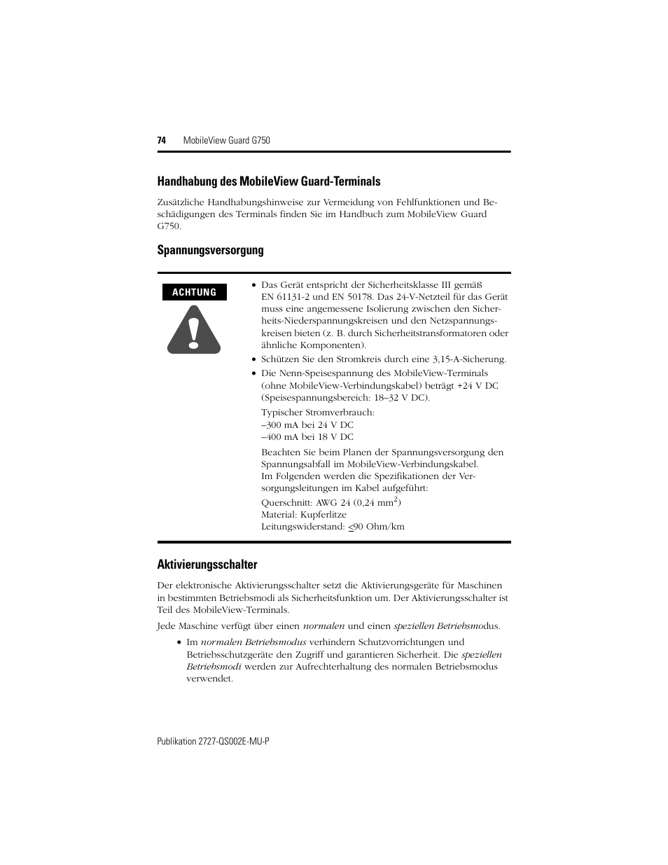 Handhabung des mobileview guard-terminals, Spannungsversorgung, Aktivierungsschalter | Rockwell Automation 2727-G7P20D1Q7 MobileView Guard G750 Quick Start User Manual | Page 74 / 204