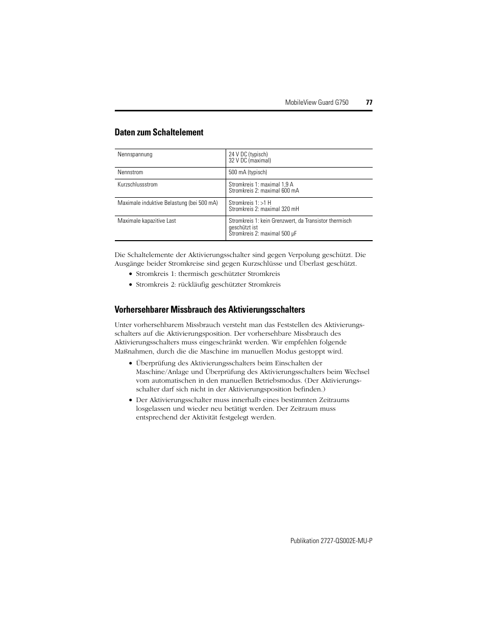 Daten zum schaltelement | Rockwell Automation 2727-G7P20D1Q7 MobileView Guard G750 Quick Start User Manual | Page 77 / 204