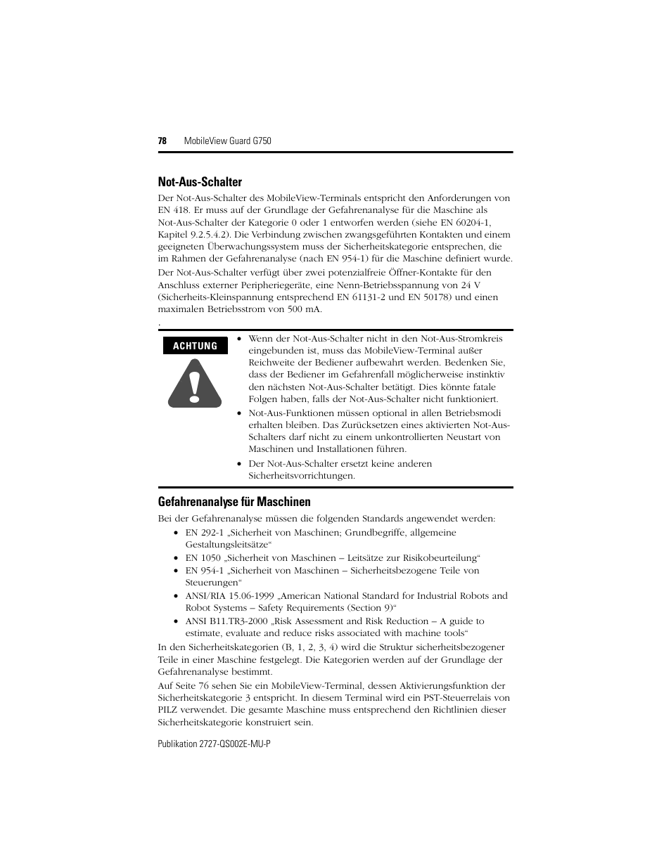 Not-aus-schalter, Gefahrenanalyse für maschinen | Rockwell Automation 2727-G7P20D1Q7 MobileView Guard G750 Quick Start User Manual | Page 78 / 204