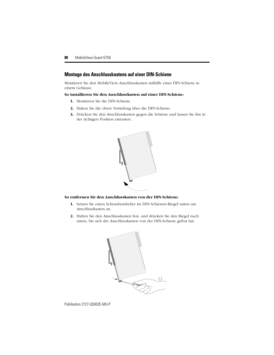 Montage des anschlusskastens auf einer din-schiene | Rockwell Automation 2727-G7P20D1Q7 MobileView Guard G750 Quick Start User Manual | Page 80 / 204