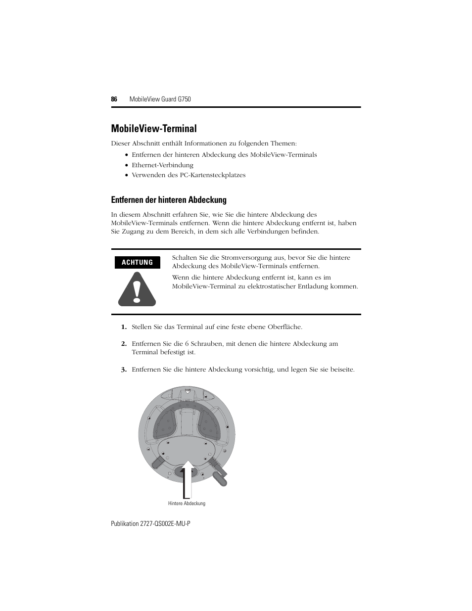 Mobileview-terminal, Entfernen der hinteren abdeckung | Rockwell Automation 2727-G7P20D1Q7 MobileView Guard G750 Quick Start User Manual | Page 86 / 204