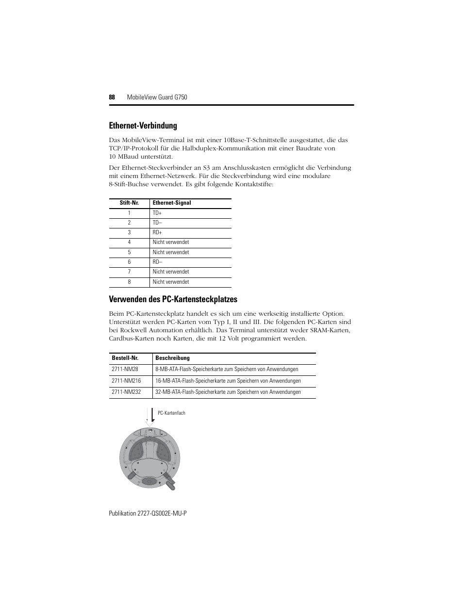 Ethernet-verbindung, Verwenden des pc-kartensteckplatzes | Rockwell Automation 2727-G7P20D1Q7 MobileView Guard G750 Quick Start User Manual | Page 88 / 204