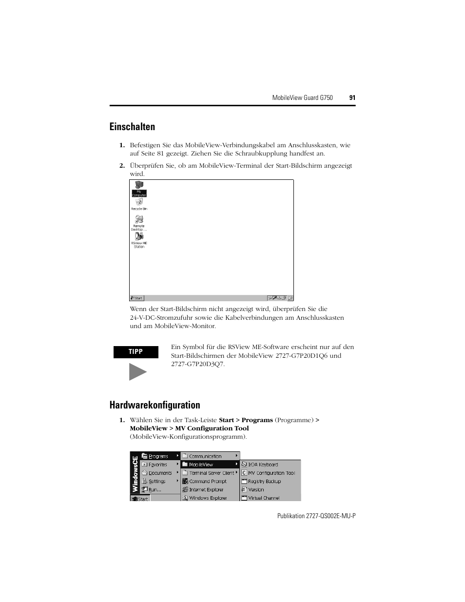 Einschalten, Hardwarekonfiguration, Einschalten hardwarekonfiguration | Rockwell Automation 2727-G7P20D1Q7 MobileView Guard G750 Quick Start User Manual | Page 91 / 204