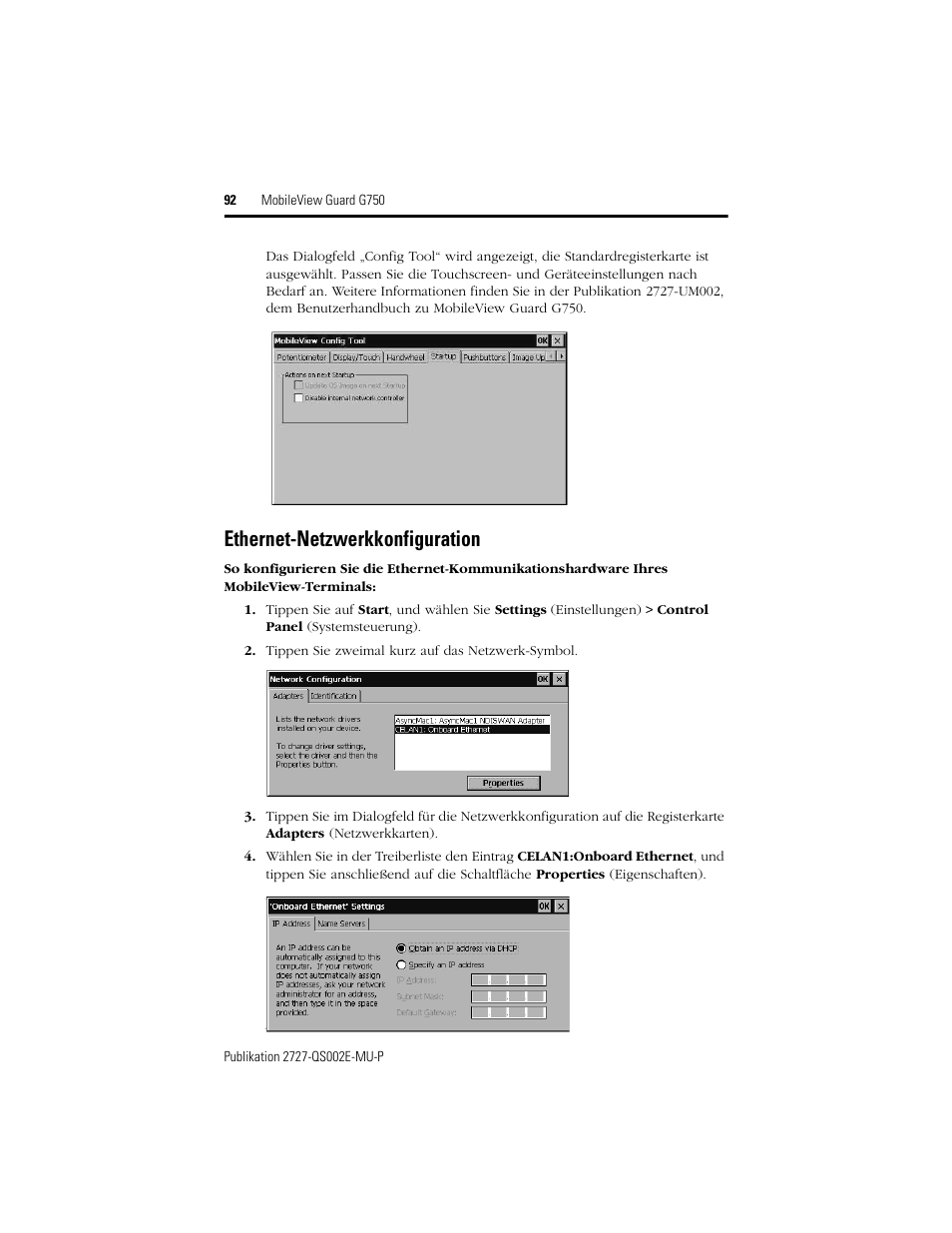 Ethernet-netzwerkkonfiguration | Rockwell Automation 2727-G7P20D1Q7 MobileView Guard G750 Quick Start User Manual | Page 92 / 204