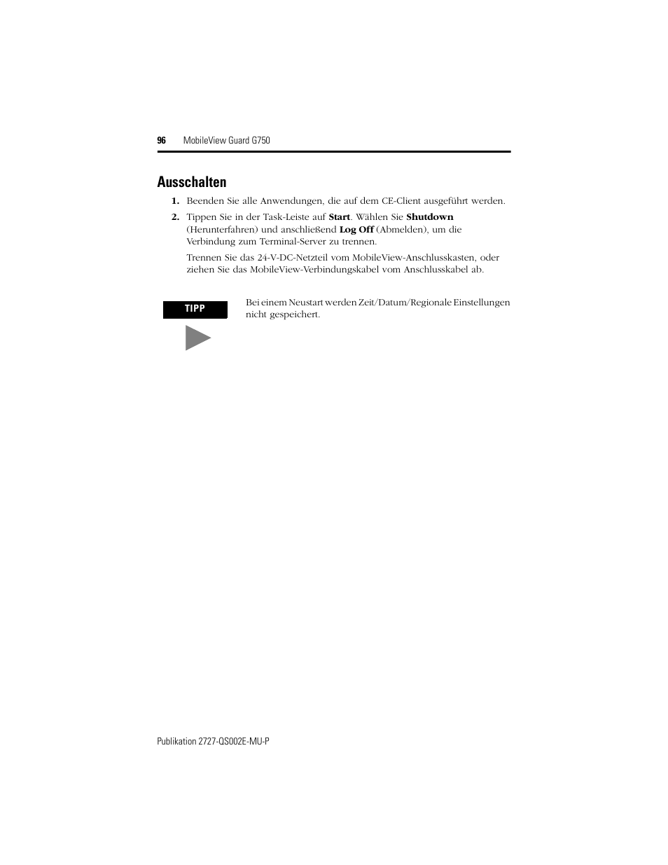 Ausschalten | Rockwell Automation 2727-G7P20D1Q7 MobileView Guard G750 Quick Start User Manual | Page 96 / 204