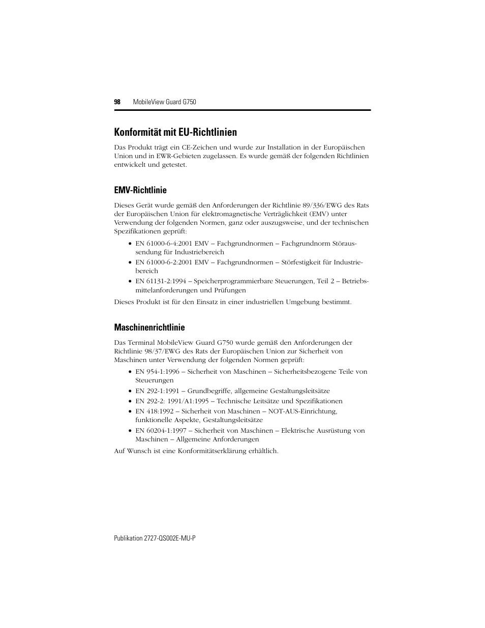 Konformität mit eu-richtlinien, Emv-richtlinie, Maschinenrichtlinie | Rockwell Automation 2727-G7P20D1Q7 MobileView Guard G750 Quick Start User Manual | Page 98 / 204
