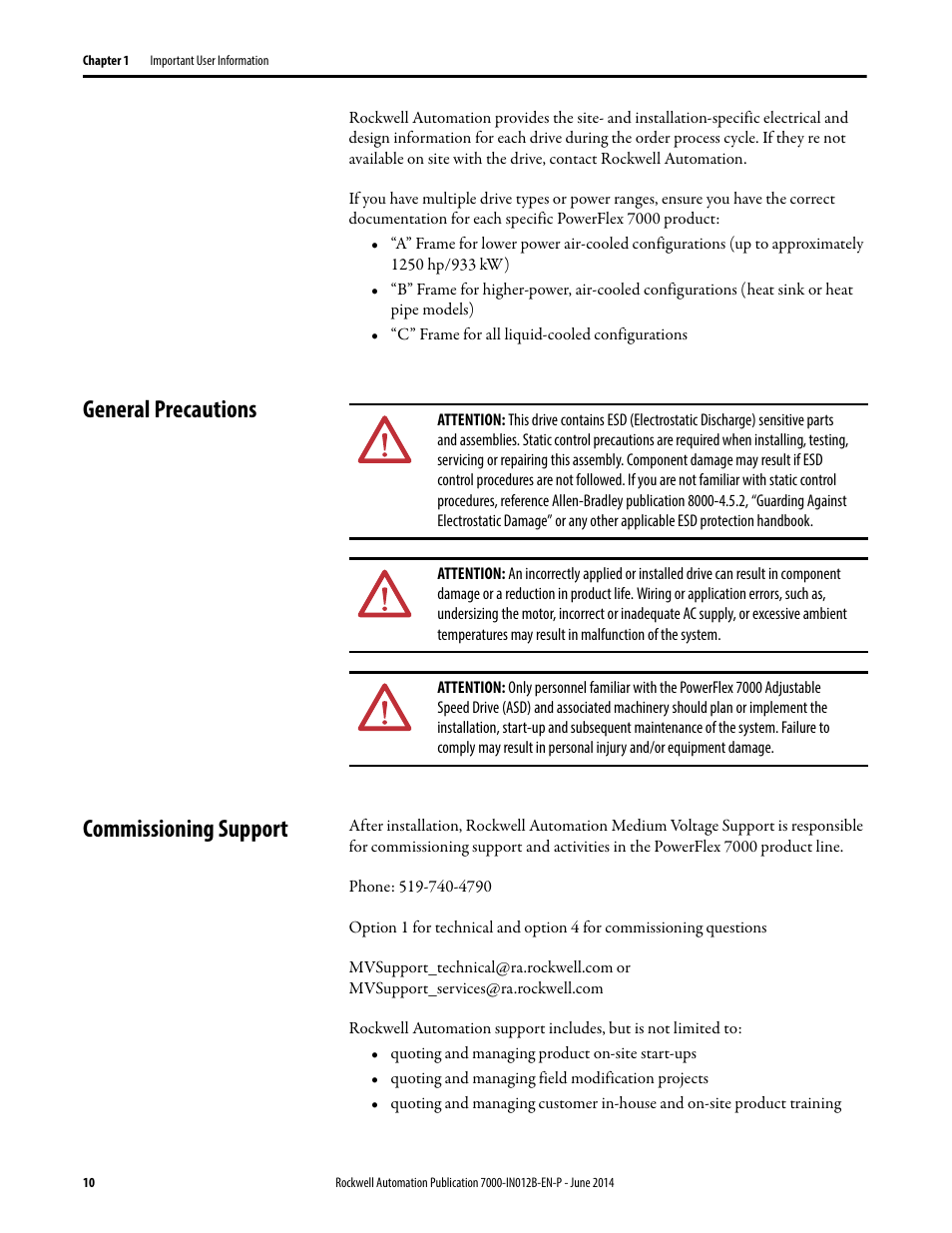 General precautions, Commissioning support, General precautions commissioning support | Rockwell Automation 7000 PowerFlex Medium Voltage AC Drive (B Frame) Commissioning - ForGe Control User Manual | Page 10 / 138