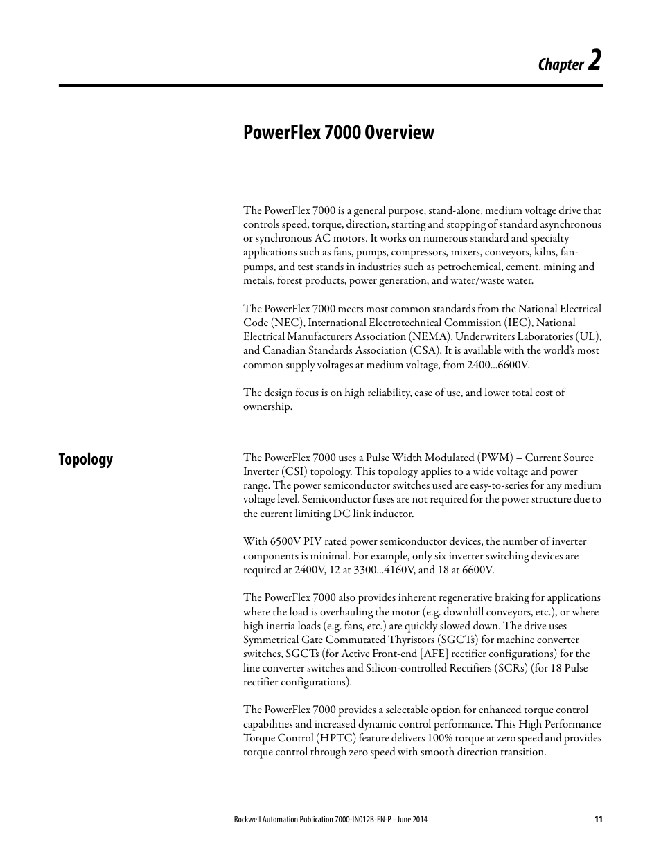 2 - powerflex 7000 overview, Topology, Chapter 2 | Powerflex 7000 overview | Rockwell Automation 7000 PowerFlex Medium Voltage AC Drive (B Frame) Commissioning - ForGe Control User Manual | Page 11 / 138