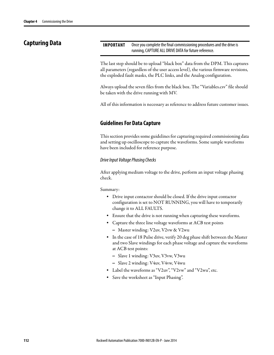 Capturing data, Guidelines for data capture | Rockwell Automation 7000 PowerFlex Medium Voltage AC Drive (B Frame) Commissioning - ForGe Control User Manual | Page 112 / 138
