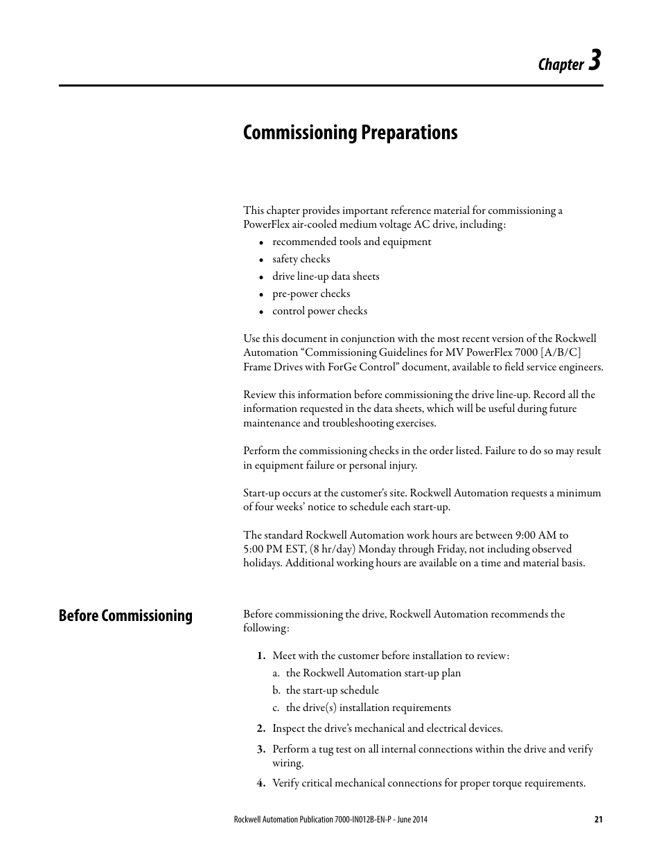 3 - commissioning preparations, Before commissioning, Chapter 3 | Commissioning preparations, Chapter | Rockwell Automation 7000 PowerFlex Medium Voltage AC Drive (B Frame) Commissioning - ForGe Control User Manual | Page 21 / 138