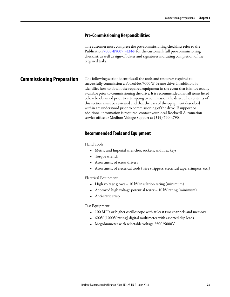 Pre-commissioning responsibilities, Commissioning preparation, Recommended tools and equipment | Rockwell Automation 7000 PowerFlex Medium Voltage AC Drive (B Frame) Commissioning - ForGe Control User Manual | Page 23 / 138