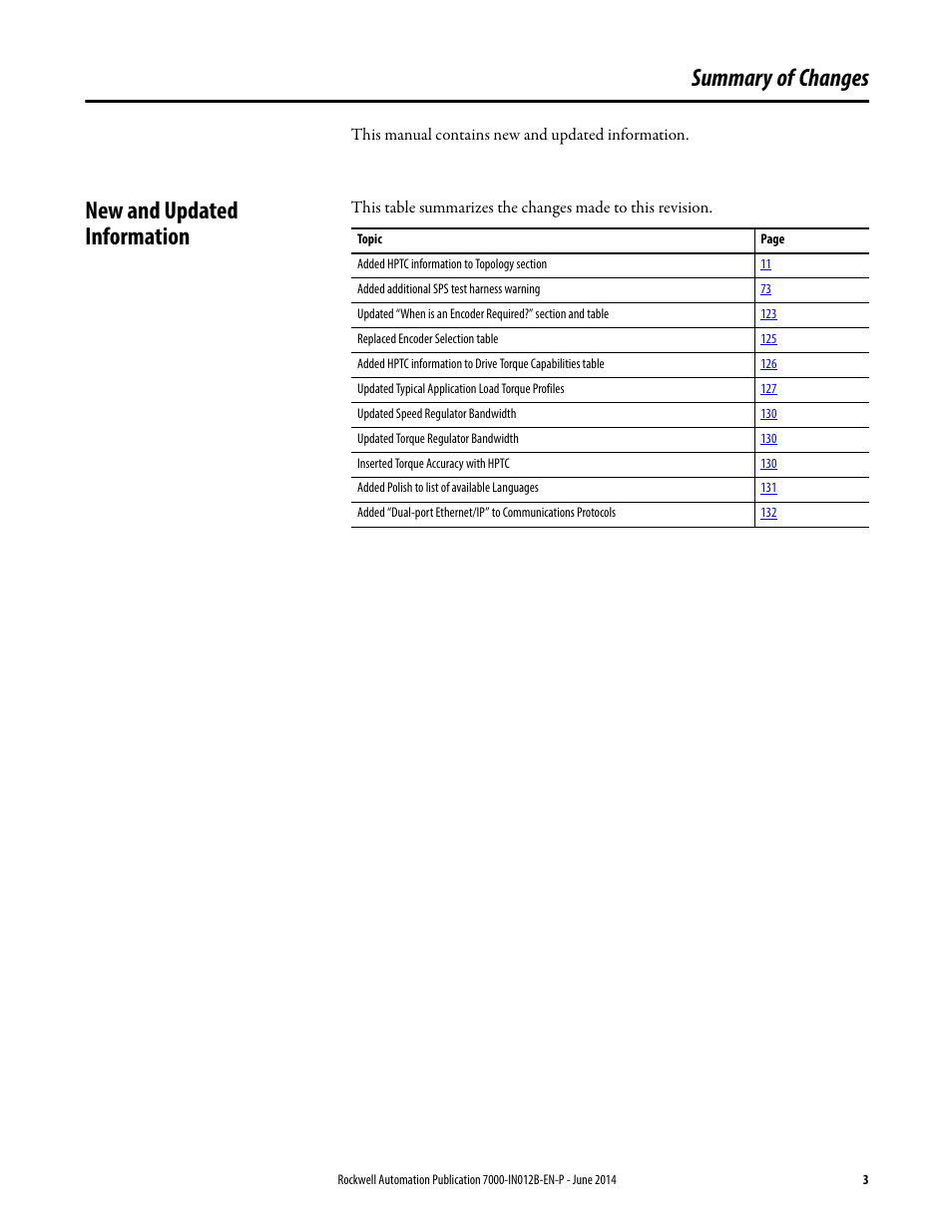 Summary of changes, New and updated information | Rockwell Automation 7000 PowerFlex Medium Voltage AC Drive (B Frame) Commissioning - ForGe Control User Manual | Page 3 / 138