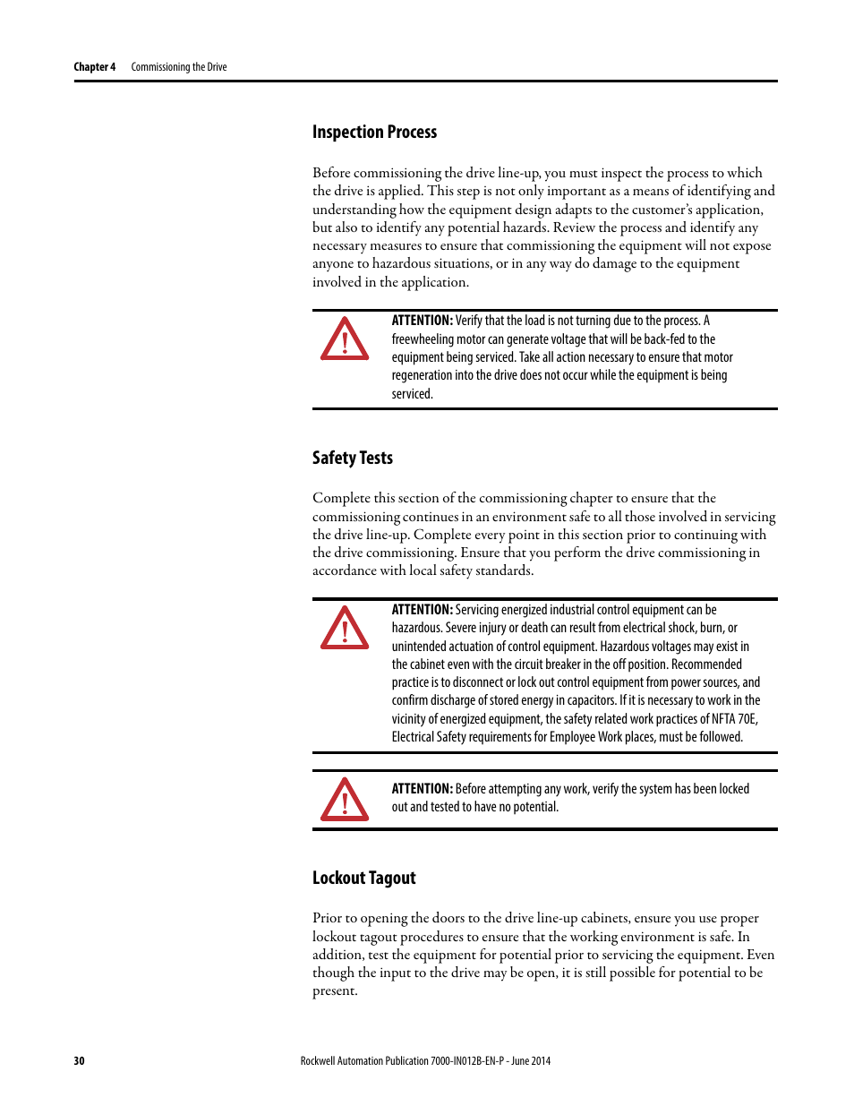 Inspection process, Safety tests, Lockout tagout | Inspection process safety tests lockout tagout | Rockwell Automation 7000 PowerFlex Medium Voltage AC Drive (B Frame) Commissioning - ForGe Control User Manual | Page 30 / 138