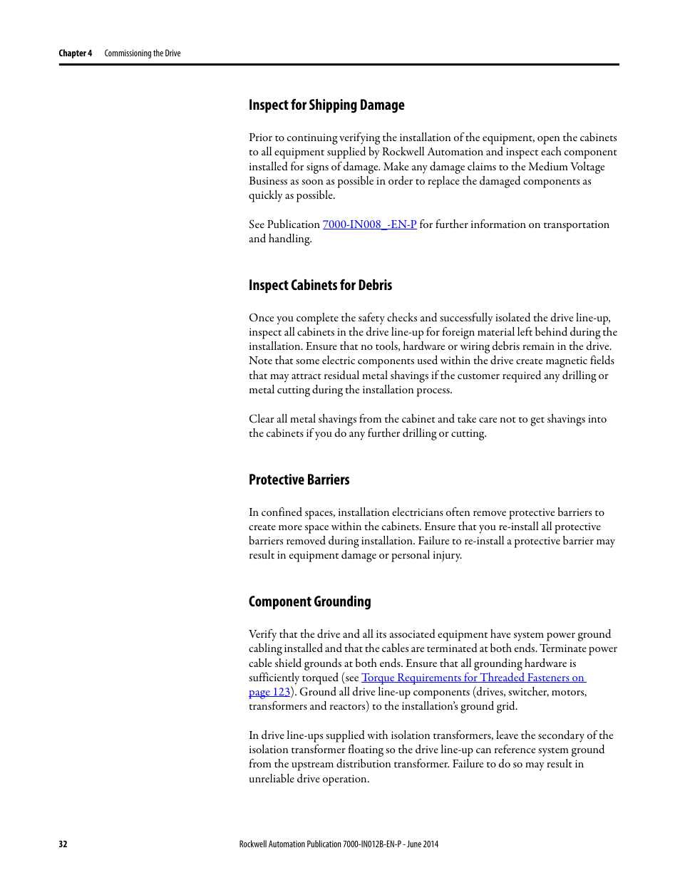 Inspect for shipping damage, Inspect cabinets for debris, Protective barriers | Component grounding, Protective barriers component grounding | Rockwell Automation 7000 PowerFlex Medium Voltage AC Drive (B Frame) Commissioning - ForGe Control User Manual | Page 32 / 138