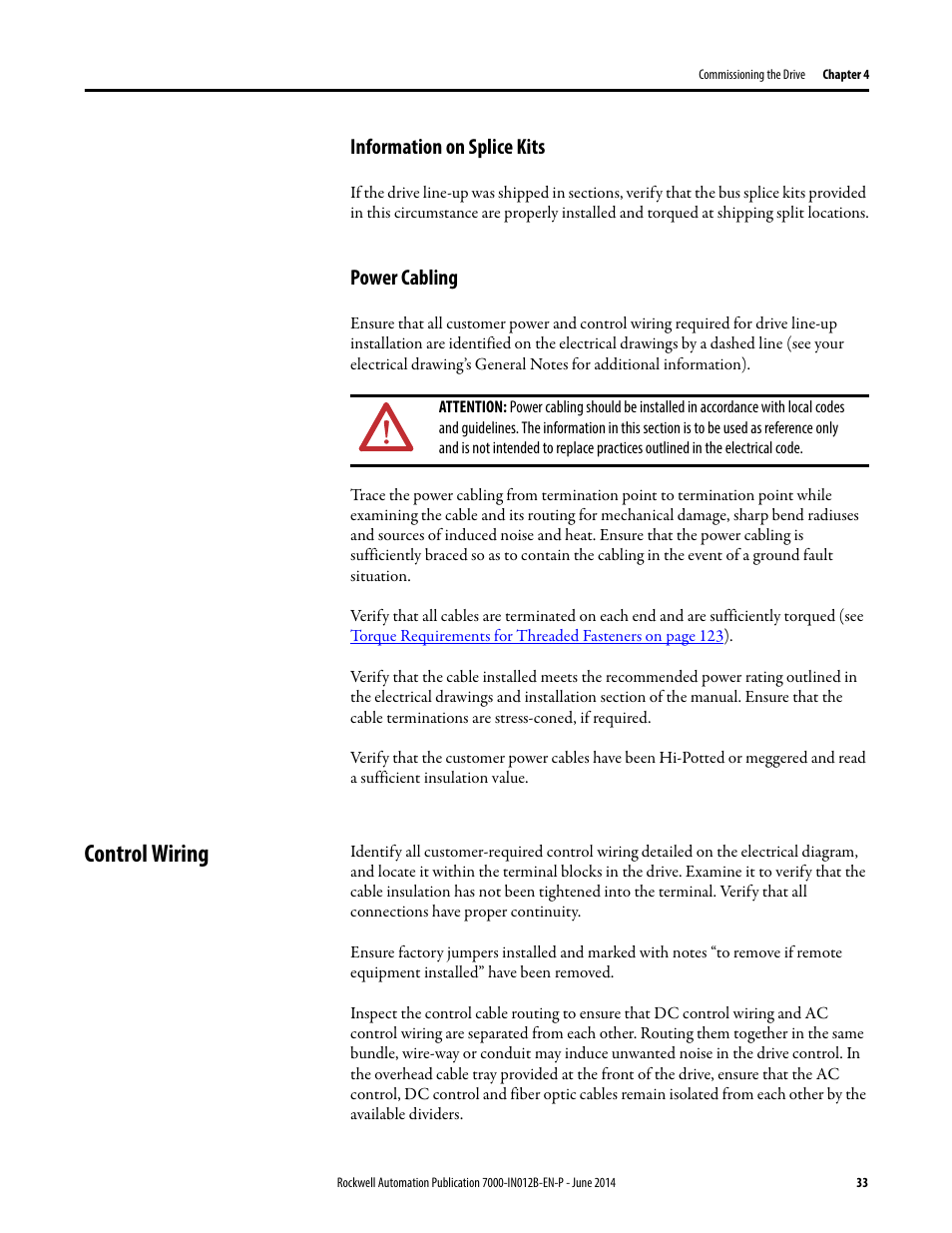 Information on splice kits, Power cabling, Control wiring | Information on splice kits power cabling | Rockwell Automation 7000 PowerFlex Medium Voltage AC Drive (B Frame) Commissioning - ForGe Control User Manual | Page 33 / 138