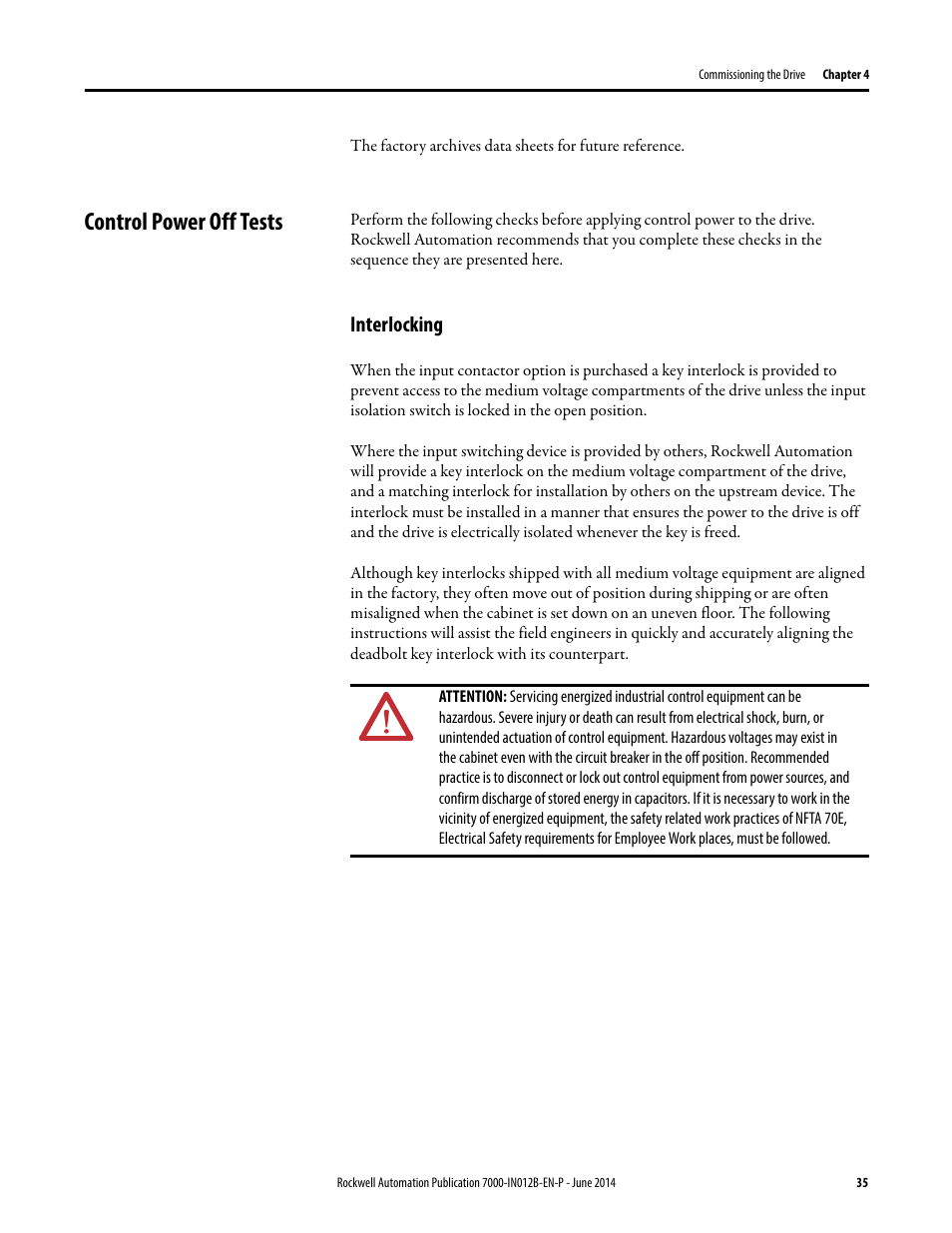 Control power off tests, Interlocking | Rockwell Automation 7000 PowerFlex Medium Voltage AC Drive (B Frame) Commissioning - ForGe Control User Manual | Page 35 / 138