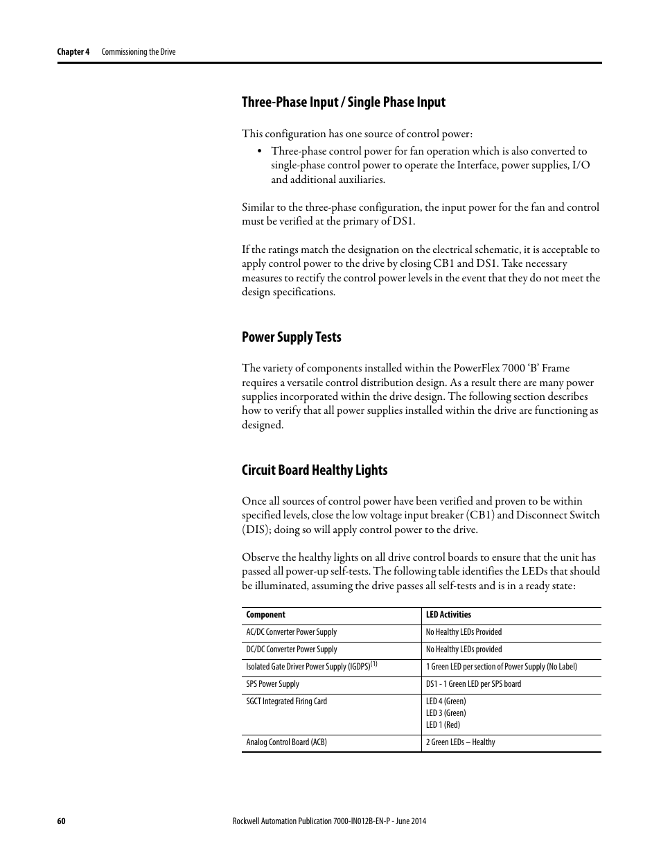 Three-phase input / single phase input, Power supply tests, Circuit board healthy lights | Rockwell Automation 7000 PowerFlex Medium Voltage AC Drive (B Frame) Commissioning - ForGe Control User Manual | Page 60 / 138