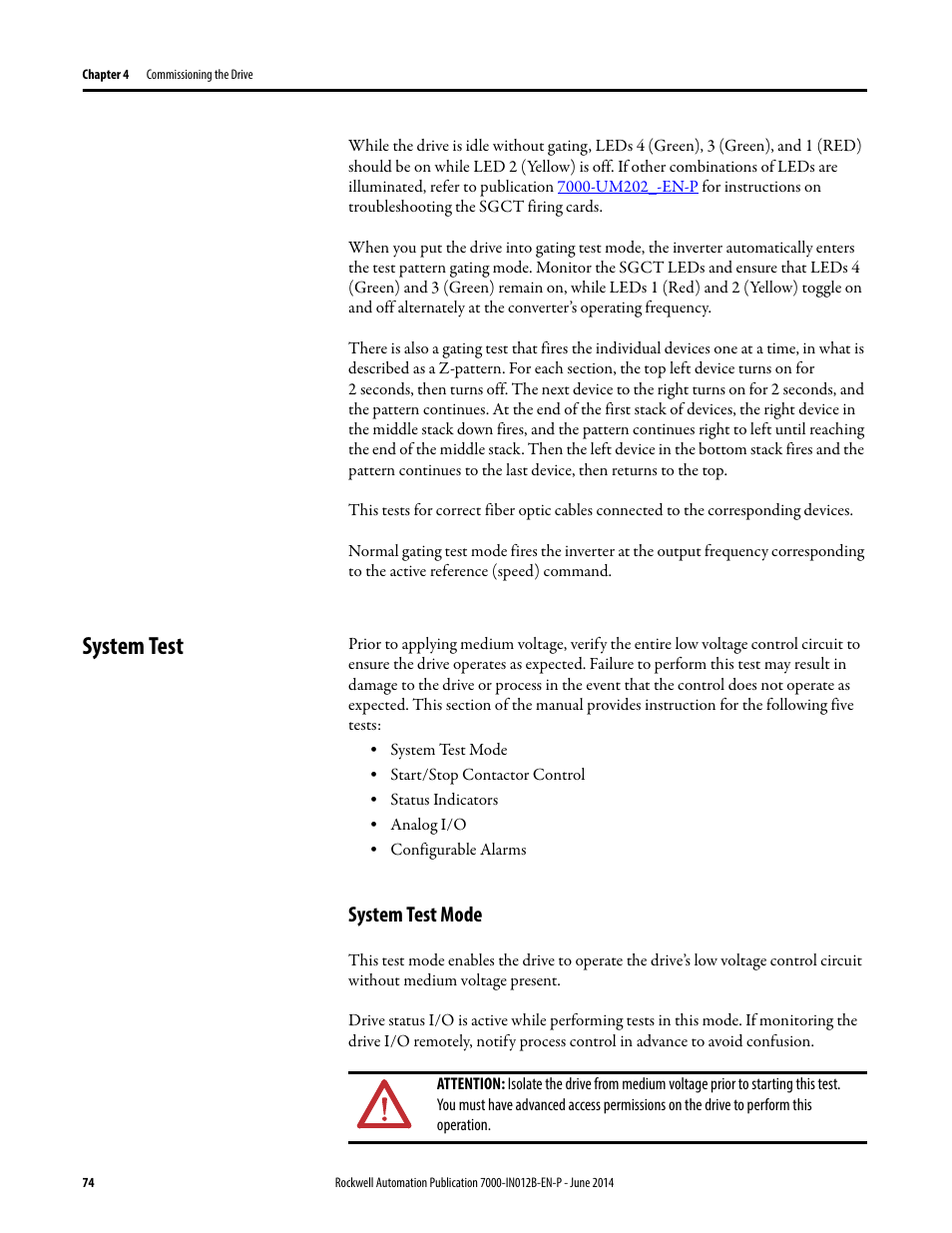 System test, System test mode | Rockwell Automation 7000 PowerFlex Medium Voltage AC Drive (B Frame) Commissioning - ForGe Control User Manual | Page 74 / 138