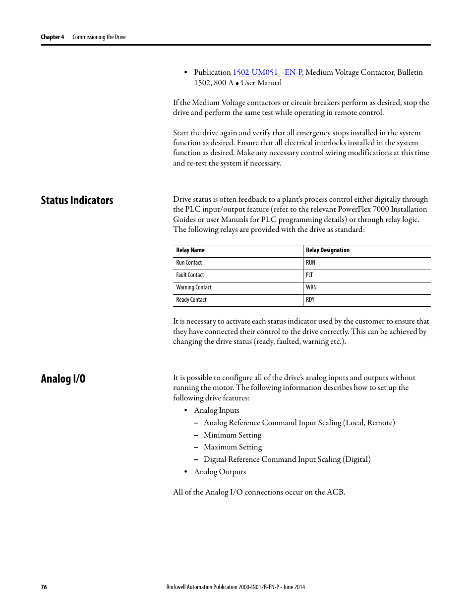 Status indicators, Analog i/o, Status indicators analog i/o | Rockwell Automation 7000 PowerFlex Medium Voltage AC Drive (B Frame) Commissioning - ForGe Control User Manual | Page 76 / 138