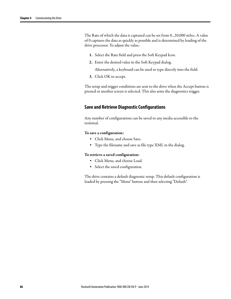 Save and retrieve diagnostic configurations | Rockwell Automation 7000 PowerFlex Medium Voltage AC Drive (B Frame) Commissioning - ForGe Control User Manual | Page 86 / 138