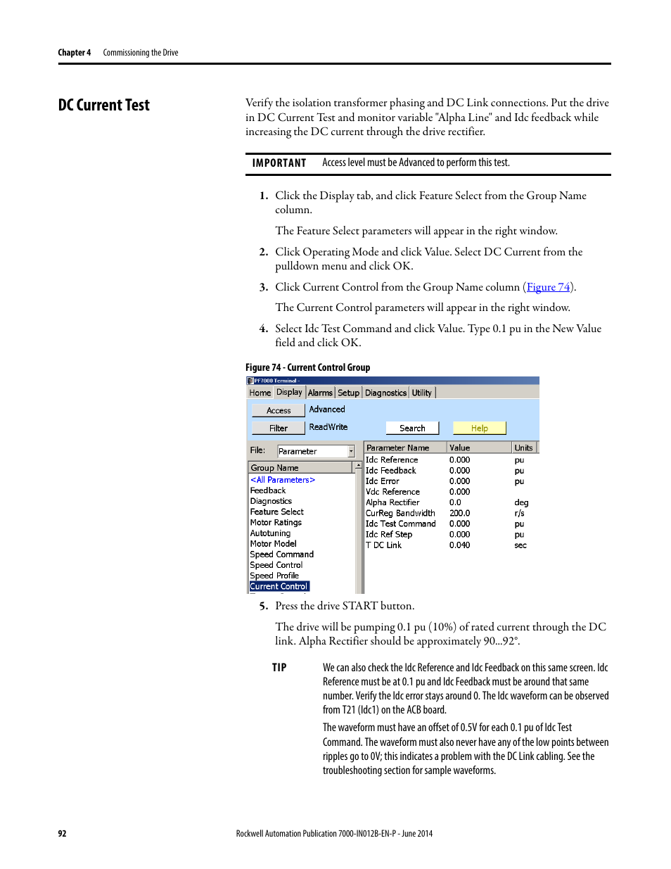 Dc current test | Rockwell Automation 7000 PowerFlex Medium Voltage AC Drive (B Frame) Commissioning - ForGe Control User Manual | Page 92 / 138