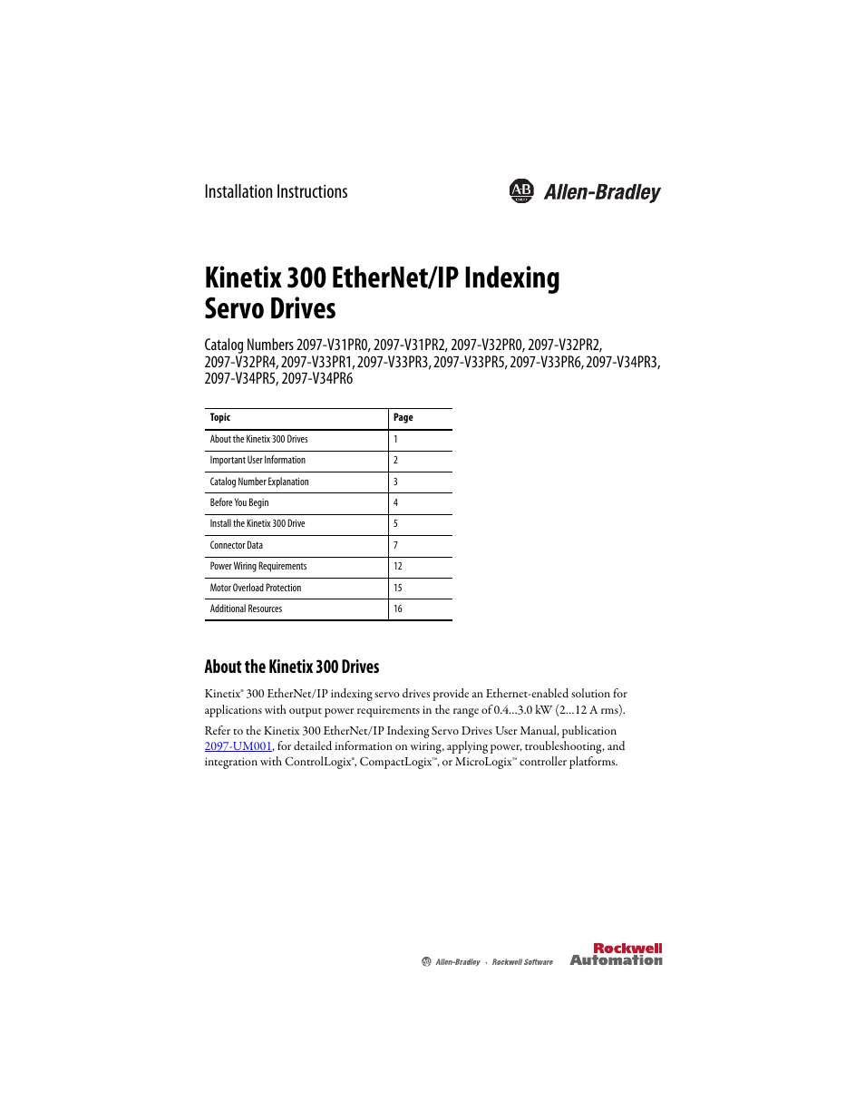 Rockwell Automation 2097-Vxxxx Kinetix 300 EtherNet/IP Indexing Servo Drive Installation Instructions User Manual | 16 pages