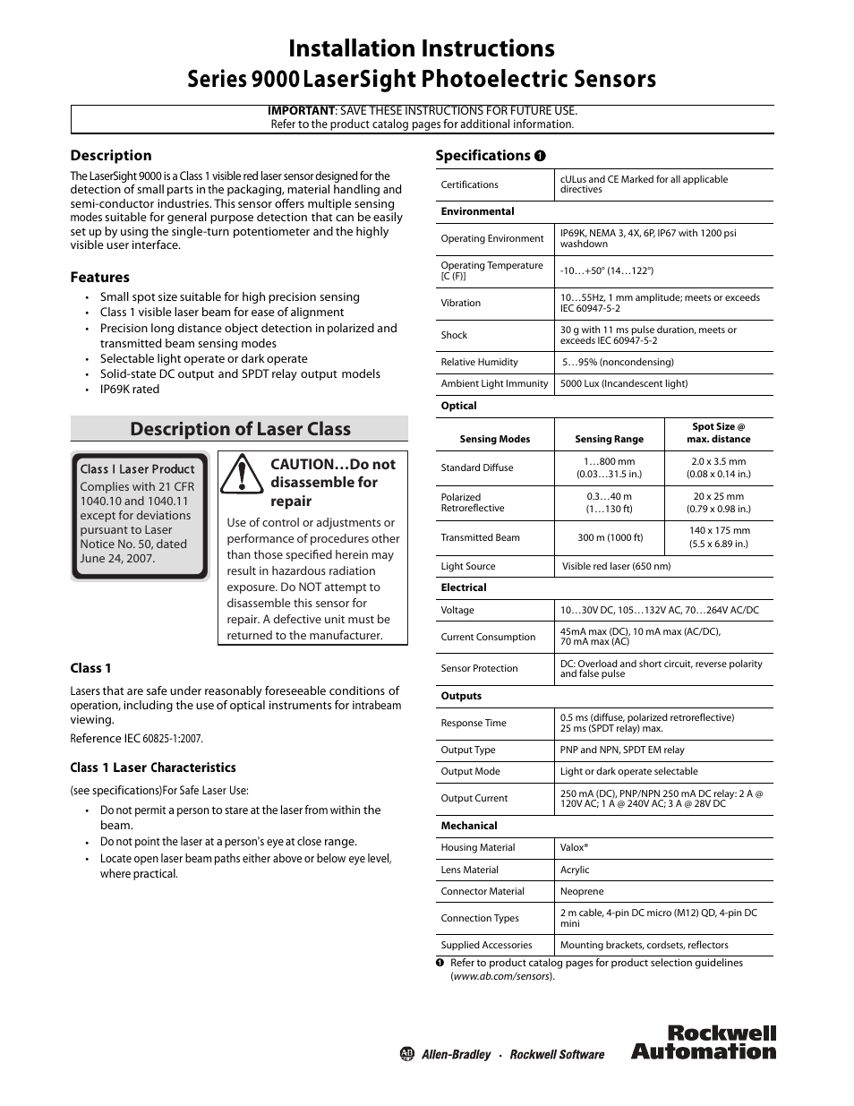 Rockwell Automation 42GR Series 9000 LaserSight User Manual | 4 pages