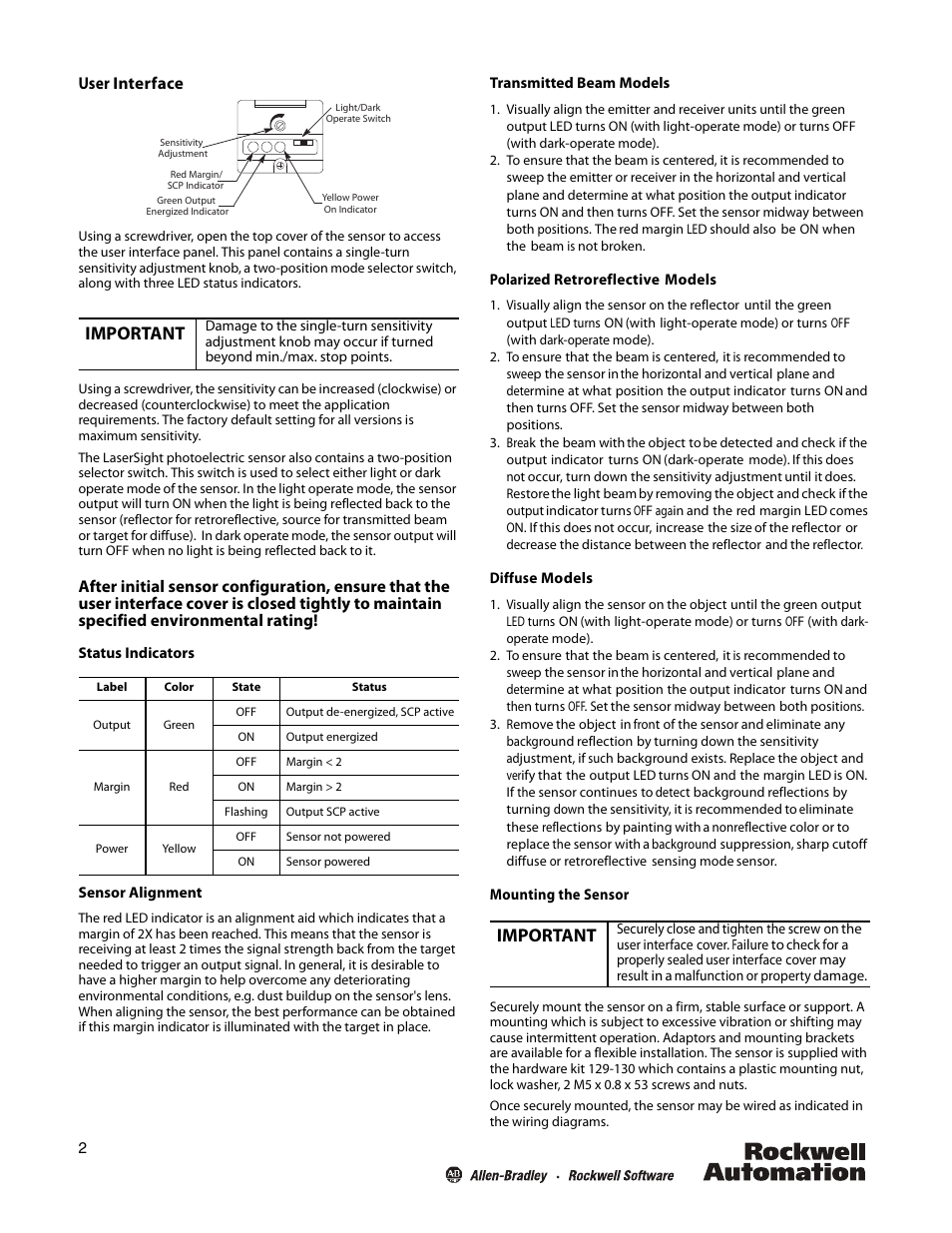 Important, User interface | Rockwell Automation 42GR Series 9000 LaserSight User Manual | Page 2 / 4