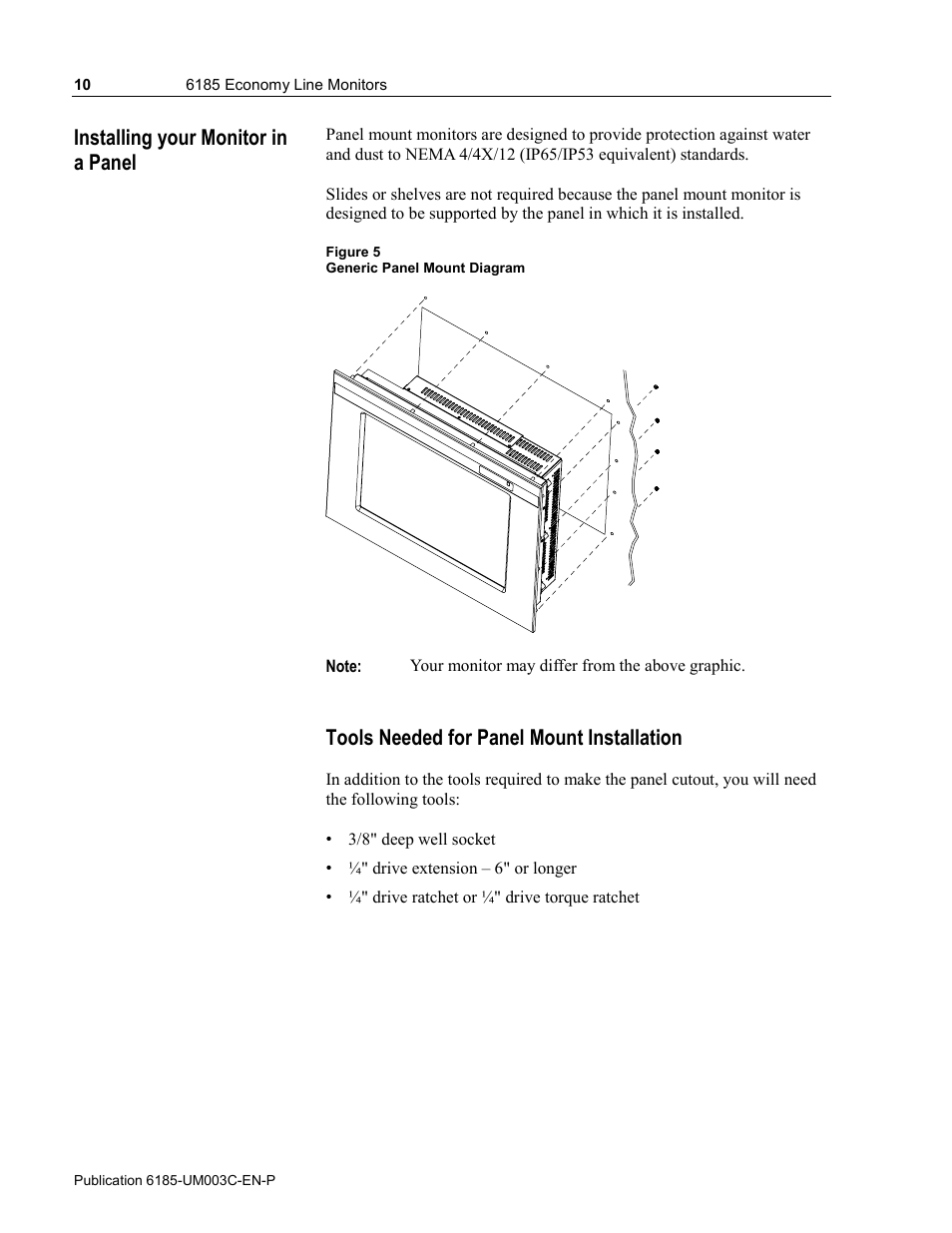 Installing your monitor in a panel, Tools needed for panel mount installation | Rockwell Automation 6185-K Economy Line Monitors User Manual User Manual | Page 10 / 48
