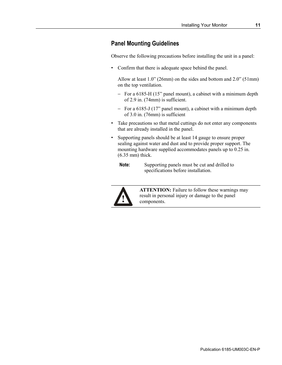 Panel mounting guidelines | Rockwell Automation 6185-K Economy Line Monitors User Manual User Manual | Page 11 / 48