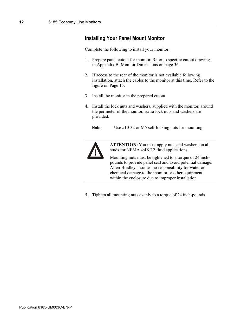 Installing your panel mount monitor | Rockwell Automation 6185-K Economy Line Monitors User Manual User Manual | Page 12 / 48