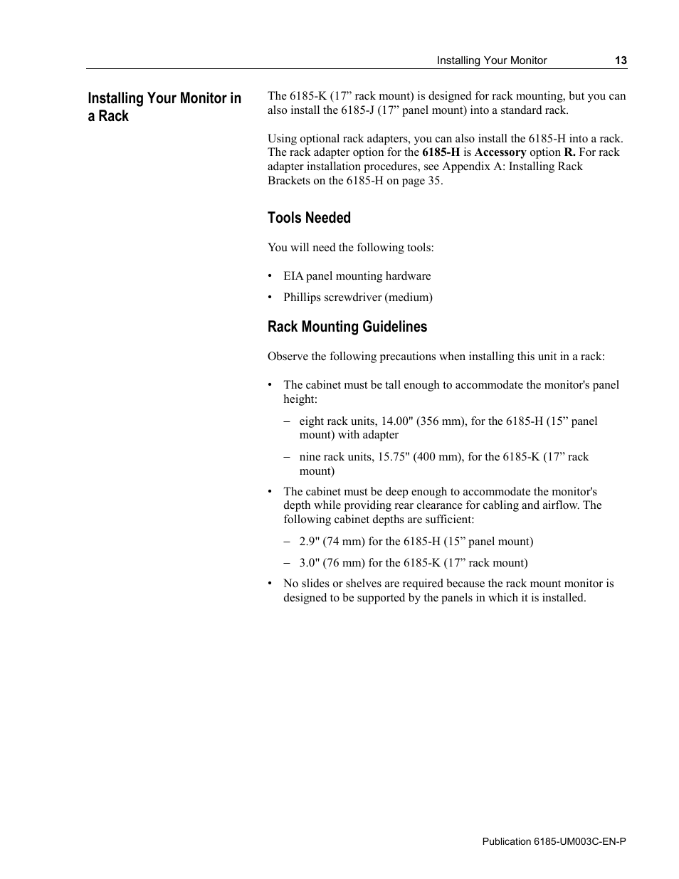 Installing your monitor in a rack, Tools needed, Rack mounting guidelines | Rockwell Automation 6185-K Economy Line Monitors User Manual User Manual | Page 13 / 48