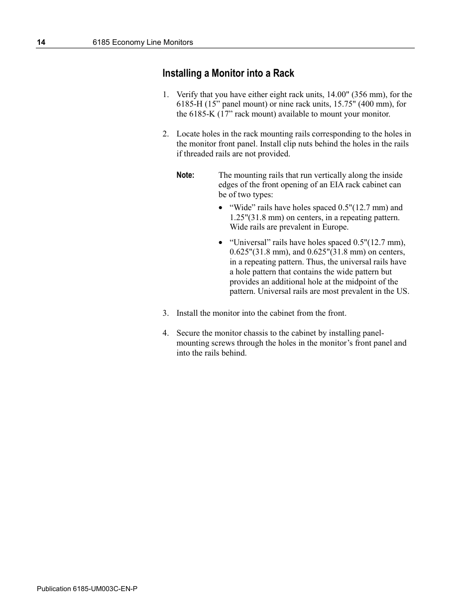 Installing a monitor into a rack | Rockwell Automation 6185-K Economy Line Monitors User Manual User Manual | Page 14 / 48