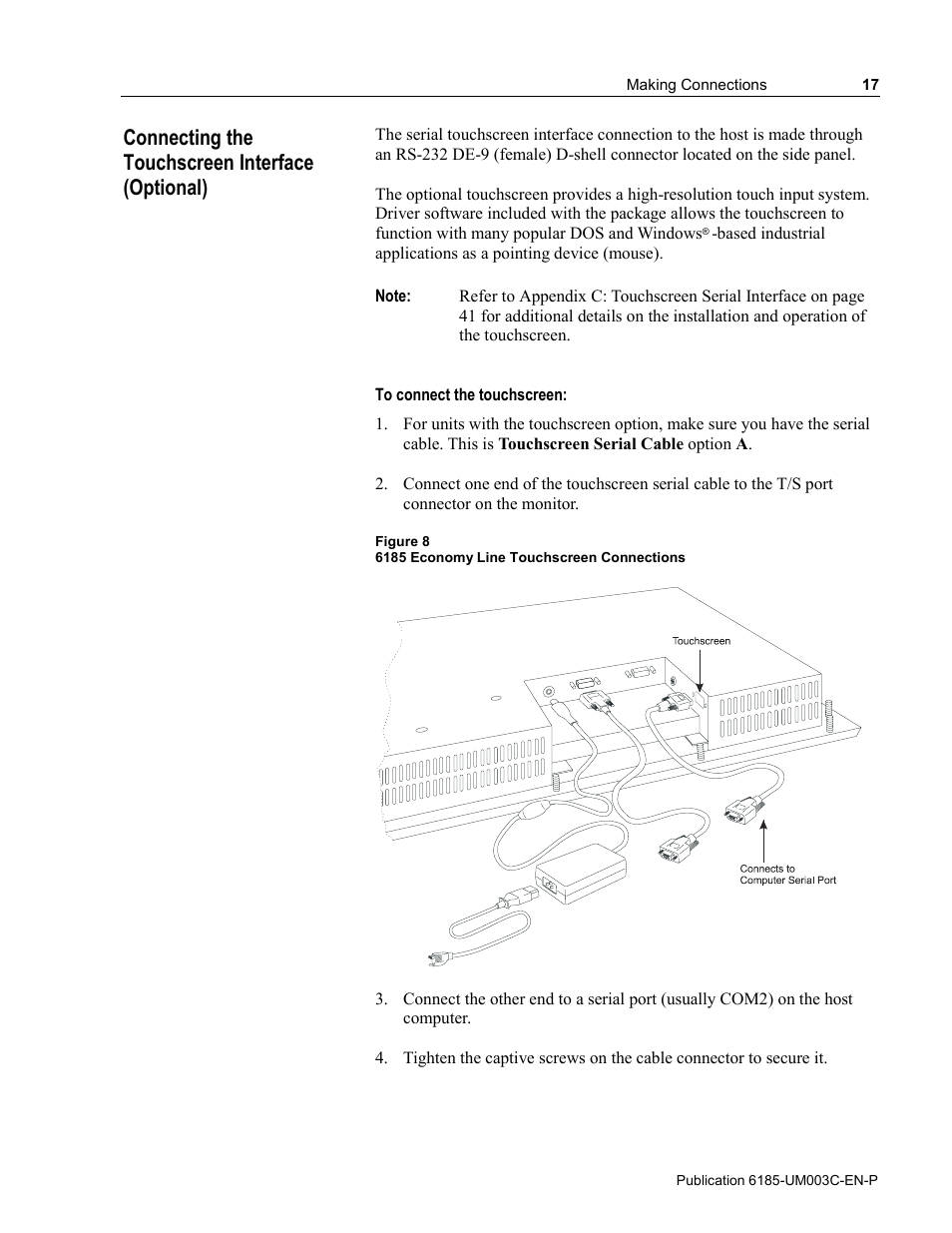 Connecting the touchscreen interface (optional) | Rockwell Automation 6185-K Economy Line Monitors User Manual User Manual | Page 17 / 48