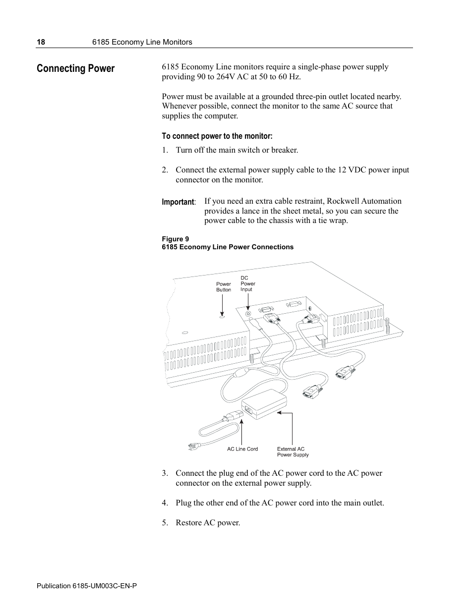 Connecting power | Rockwell Automation 6185-K Economy Line Monitors User Manual User Manual | Page 18 / 48