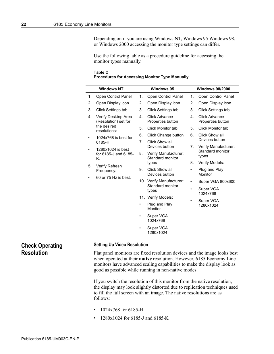Check operating resolution | Rockwell Automation 6185-K Economy Line Monitors User Manual User Manual | Page 22 / 48