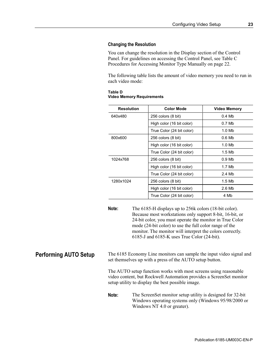 Performing auto setup | Rockwell Automation 6185-K Economy Line Monitors User Manual User Manual | Page 23 / 48