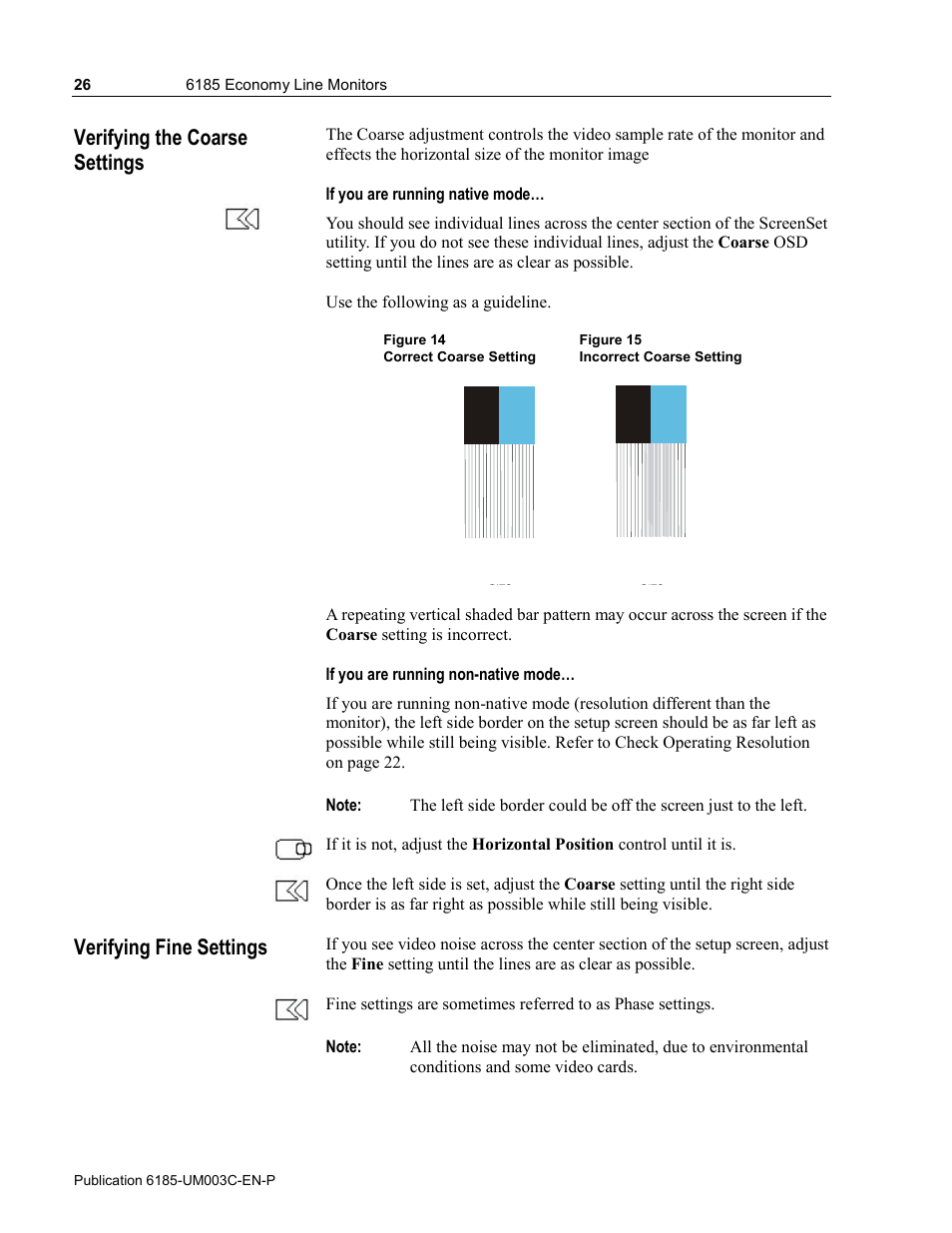 Verifying the coarse settings, Verifying fine settings | Rockwell Automation 6185-K Economy Line Monitors User Manual User Manual | Page 26 / 48