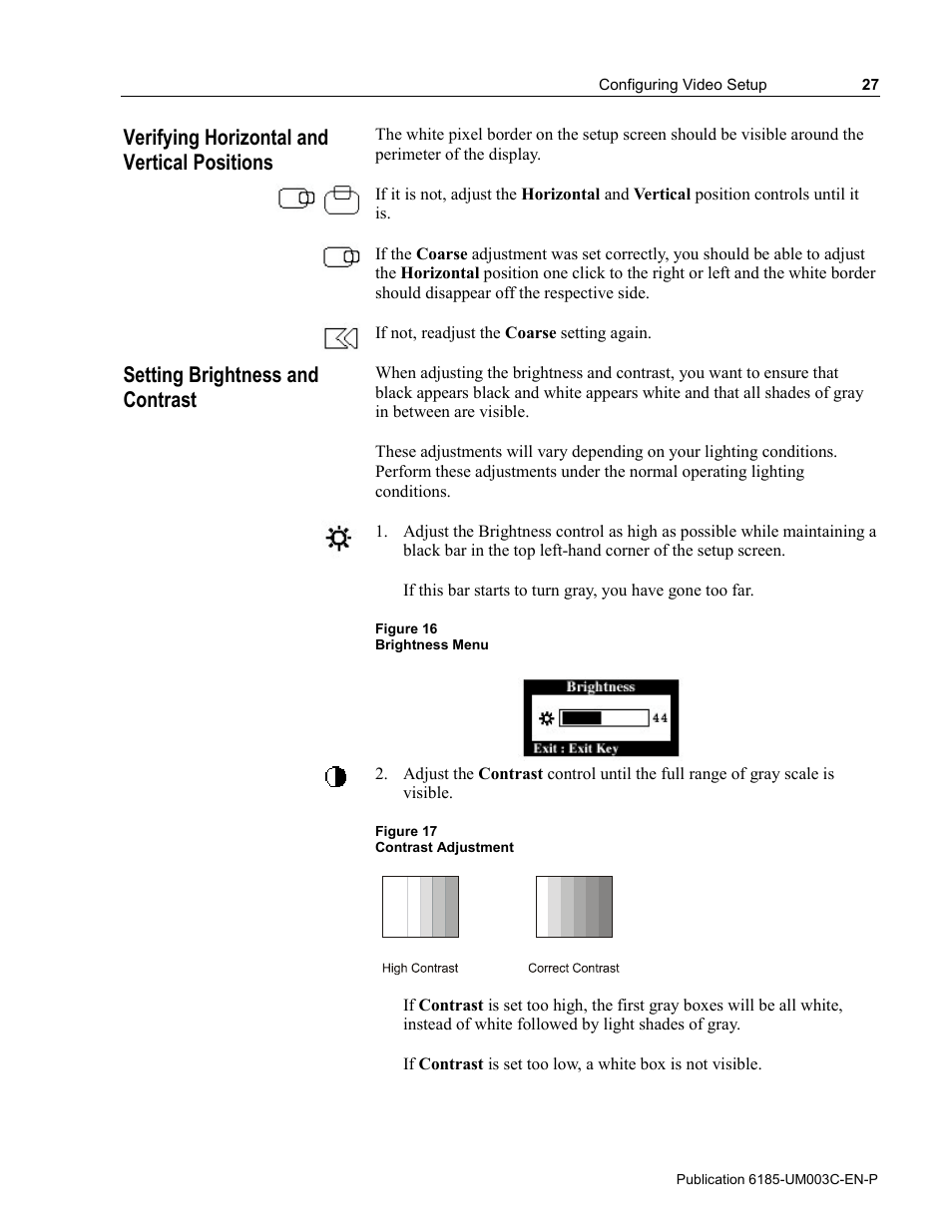 Verifying horizontal and vertical positions, Setting brightness and contrast | Rockwell Automation 6185-K Economy Line Monitors User Manual User Manual | Page 27 / 48