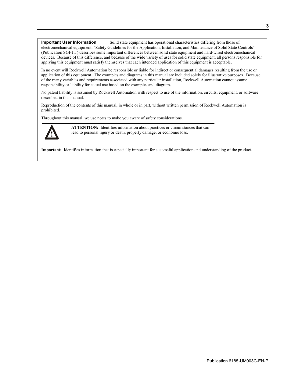 Important user information | Rockwell Automation 6185-K Economy Line Monitors User Manual User Manual | Page 3 / 48