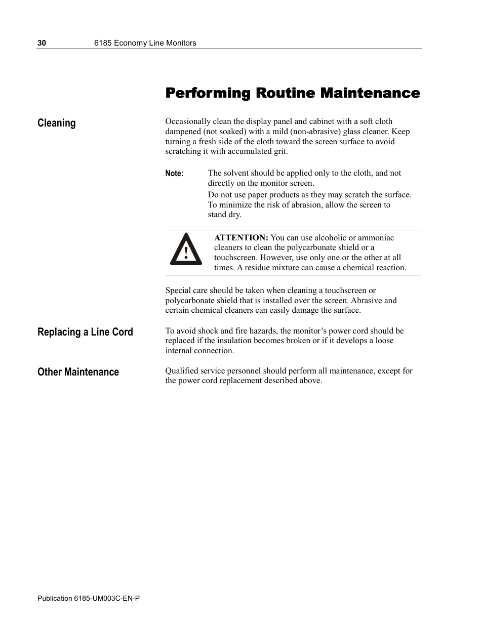 5 - performing routine maintenance, Cleaning, Replacing a line cord | Other maintenance, Performing routine maintenance | Rockwell Automation 6185-K Economy Line Monitors User Manual User Manual | Page 30 / 48