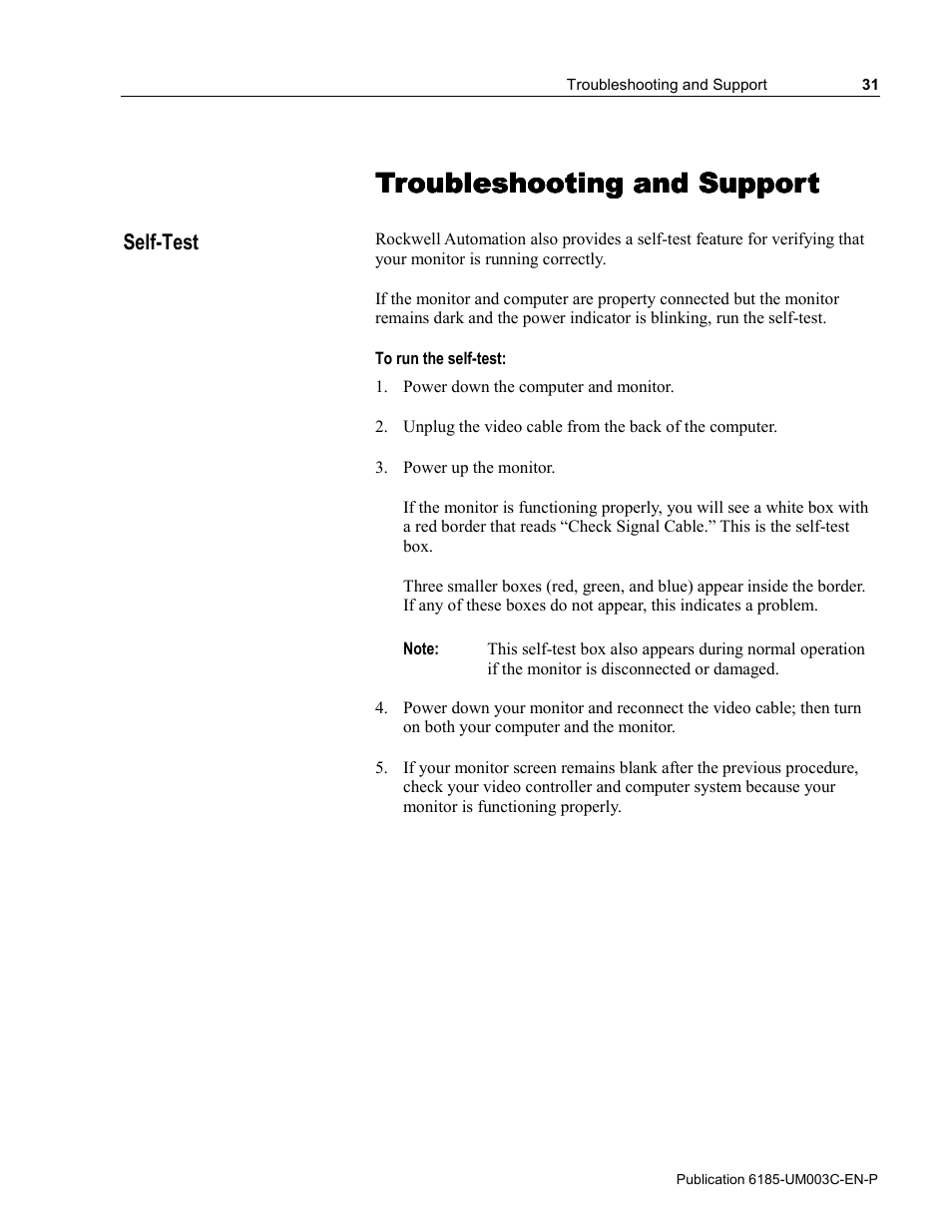 6 - troubleshooting and support, Self-test, Troubleshooting and support | Rockwell Automation 6185-K Economy Line Monitors User Manual User Manual | Page 31 / 48