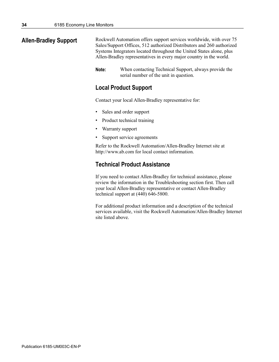 Allen-bradley support, Local product support, Technical product assistance | Rockwell Automation 6185-K Economy Line Monitors User Manual User Manual | Page 34 / 48