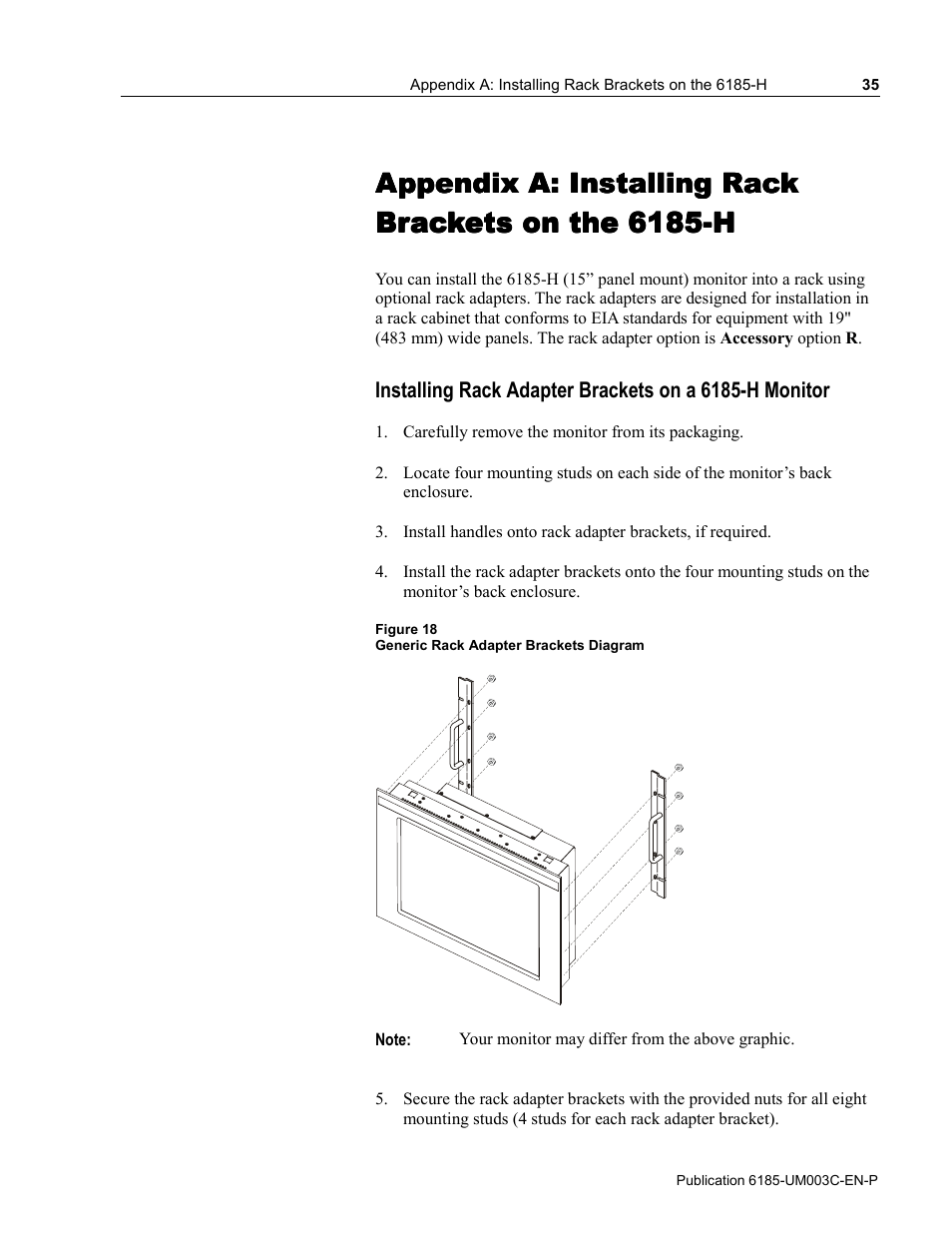 A - installing rack brackets on the 6185-h, Appendix a: installing rack brackets on the 6185-h, Appendix | Rockwell Automation 6185-K Economy Line Monitors User Manual User Manual | Page 35 / 48